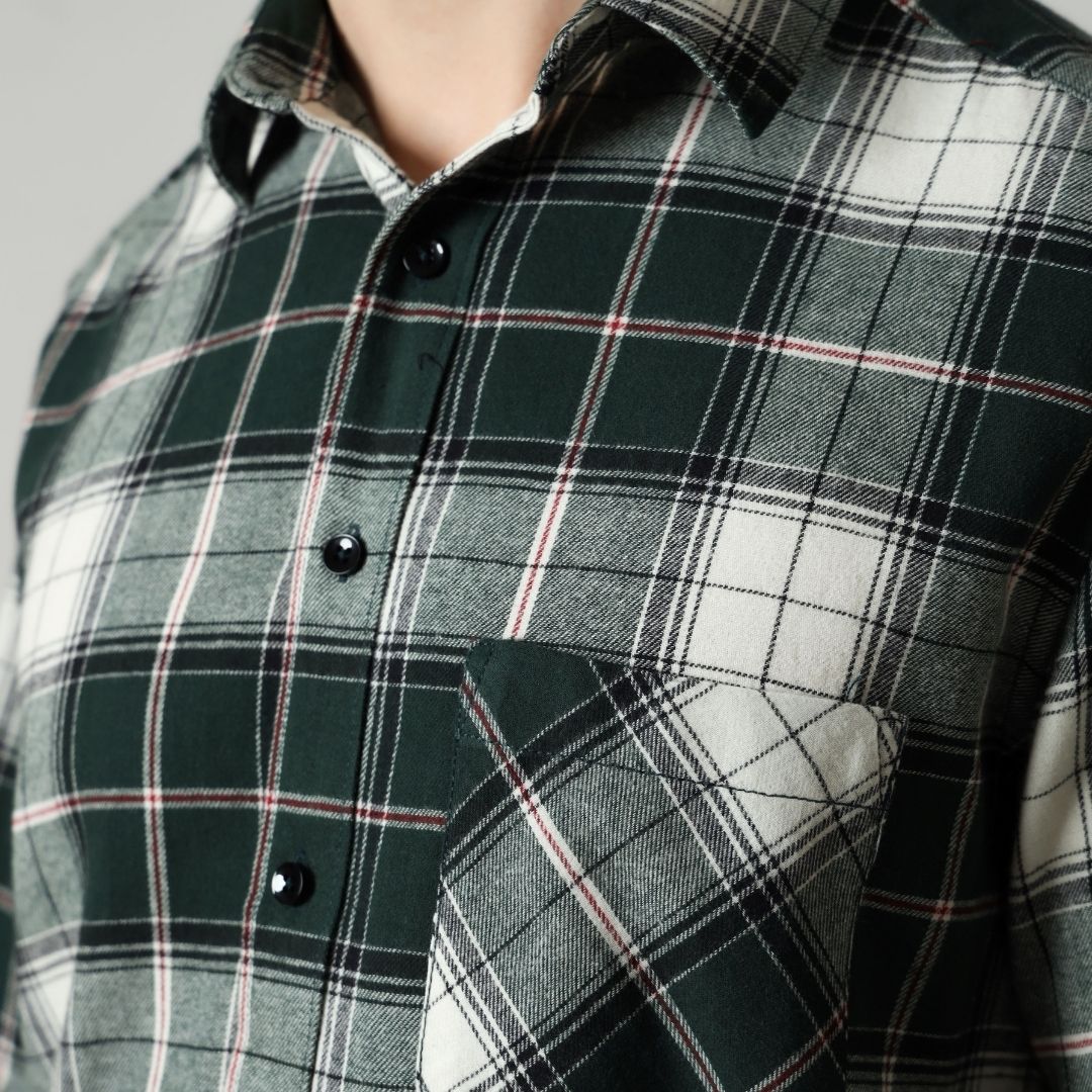 Close Up of Green Flannel Checks Shirt for Men