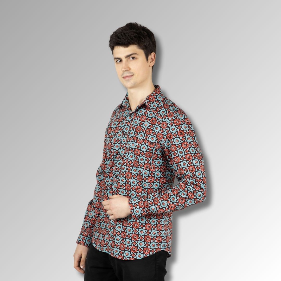 Green Printed Double Pocket mens Shirt