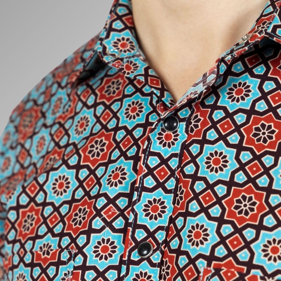 Close Up of Green Printed Shirt for Men