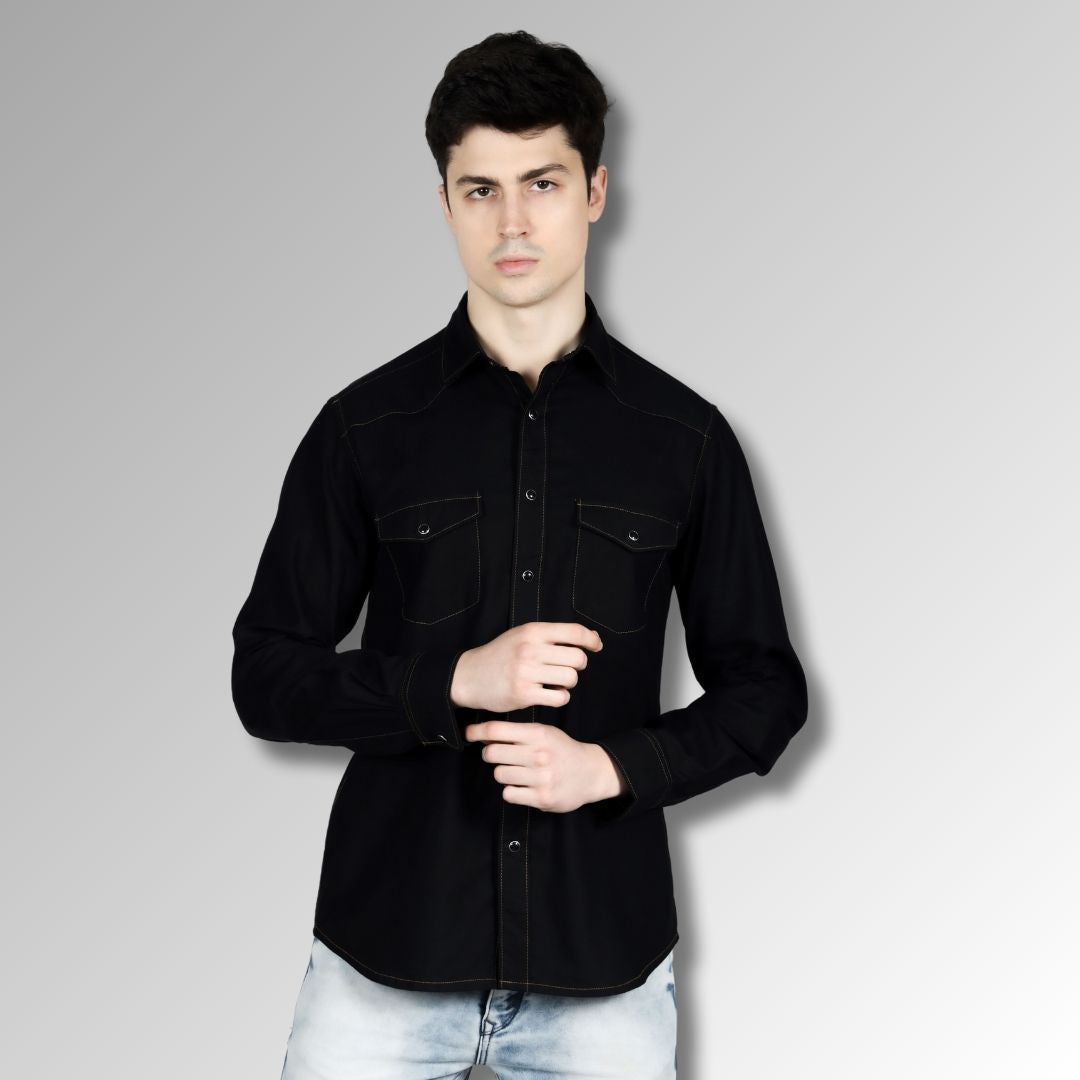 Shop Black Colour Western Shirt in Twill Cotton with Western Yoke | OZMOD