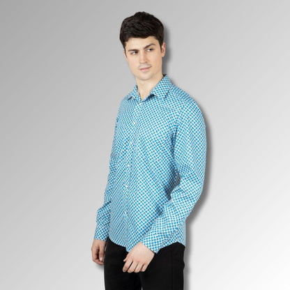 Blue Printed Double  Pocket mens Shirt