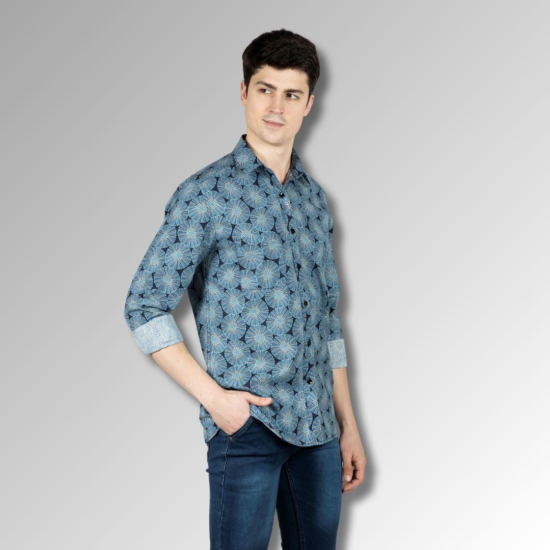 Blue floral Printed  Slim Fit mens Shirt