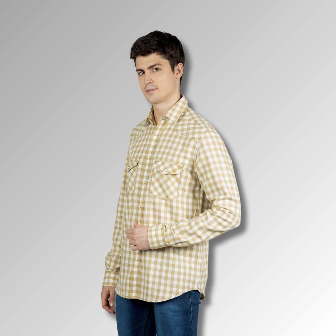 beige Checks  Double Pocket mens  Shirt