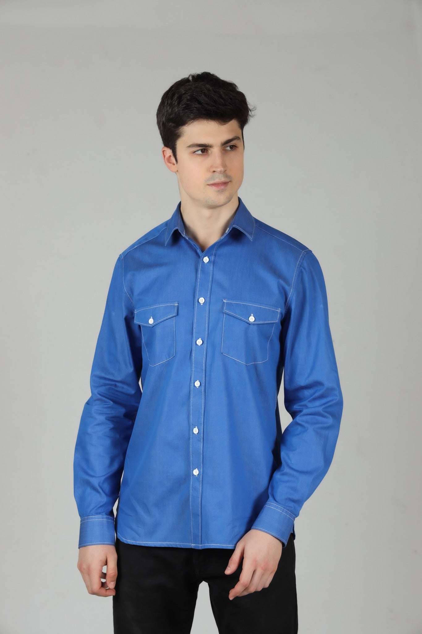 Buy Online Electric Blue Chambray Men Shirt | OZMOD